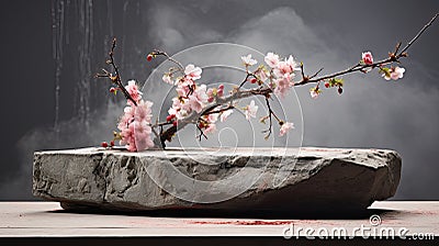 Minimalist Concrete Podium with Blooming Cherry - AI Generated Stock Photo