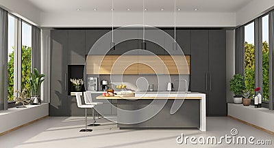 Minimalist concrete and wooden Kitchen with island Stock Photo