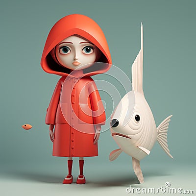 Minimalist 3d Character Margaret With Fish: A Playful And Whimsical Artwork Stock Photo