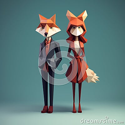 Minimalist 3d Characters Of Couple And Fox: Pristine Geometry And Warm Color Palette Cartoon Illustration