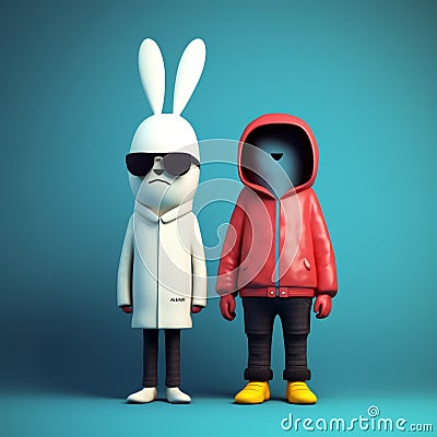 Minimalist 3d Characters: Rabbit And Richard In Vray Street Art Style Stock Photo