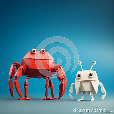 Minimalist 3d Origami Paper Crab And Alien Art Stock Photo