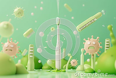 A minimalist 3D scene featuring a charming toothbrush heroically escaping a horde of cartoon germs. by AI generated Stock Photo