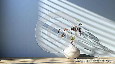 Minimalist decor with striped shadows, ceramic vase with dried flora, and sleek bowl against teal backdrop. Stock Photo