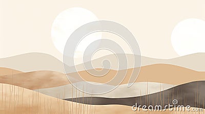 Minimalist Desert Landscape With Whimsical Watercolor And Zen Minimalism Cartoon Illustration