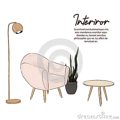 Minimalist design sketch. Scandinavian style. Comfy home illustration. Home decor with chair, lamp, wood table and green plant. Pa Vector Illustration