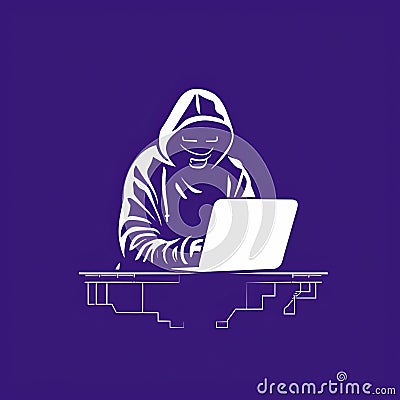 Minimalist Digital Hacker Laptop Man In Hoodie Icon Cartoon Illustration