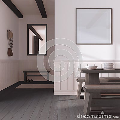 Minimalist dining room in white and dark tones with wooden table and frame mockup. Parquet and wallpaper. Japandi interior design Stock Photo