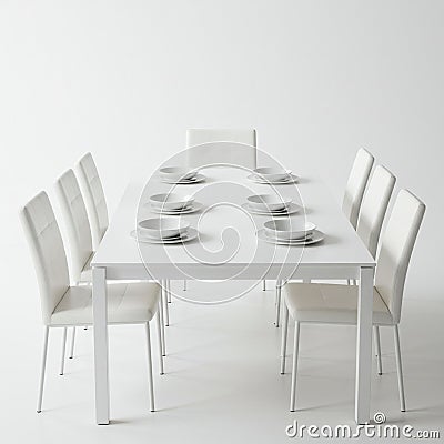 A minimalist dining setup features a white rectangular table surrounded by eight Stock Photo
