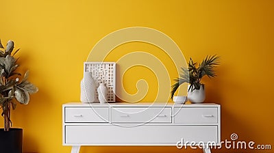 Minimalist Drawer On Yellow Wall With White Painting Stock Photo