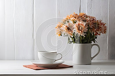 Minimalist elegance white cup on table against white backdrop Stock Photo