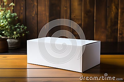 Minimalist elegance White paper box on a natural wood background Stock Photo