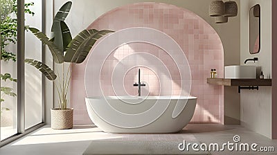 Minimalist and Elegant Bathroom Design with Pastel Tiles Freestanding Tub and Natural Lighting Stock Photo