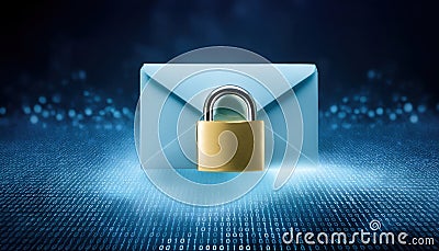Minimalist envelope icon sealed with a golden padlock hovering over encrypted binary fog Stock Photo