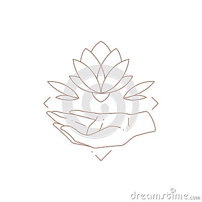 Minimalist esoteric logo lotus flower over human hand meditation magic beauty wellness spa salon Vector Illustration