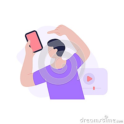 Minimalist faceless male enjoying online multimedia entertainment content use smartphone vector Vector Illustration