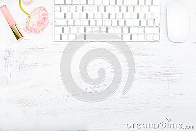 Minimalist feminine Desk Scenes. Mock up Stock Photo