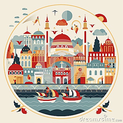 Istanbul Mosaic: Where Continents and Cultures Intertwine Cartoon Illustration