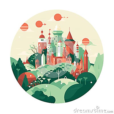 Sintra's Enchanted Silhouette: Green & Red Portuguese Palette Cartoon Illustration