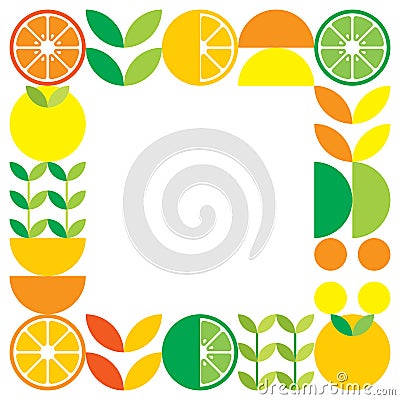Minimalist flat vector frame in citrus fruit symbol. Simple geometric illustration of oranges, lemons, lemonade and leaves. Vector Illustration