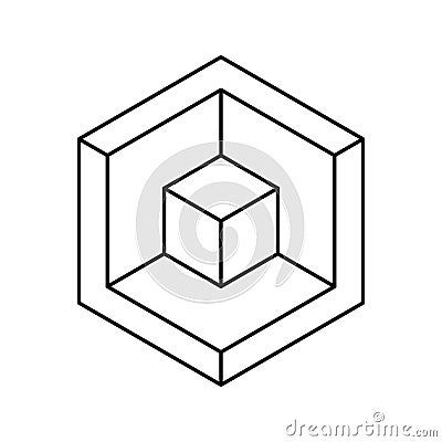 Minimalist geometric design featuring a cube within a hexagon. Symbolic of structure, containment, or nested systems. Perfect Vector Illustration