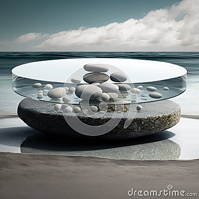 Minimalist glass podium floating on a bed of round sea stones AI generation Stock Photo