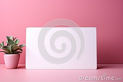Minimalist grace: Blank white card on pastel pink, awaiting your heartfelt words. Stock Photo