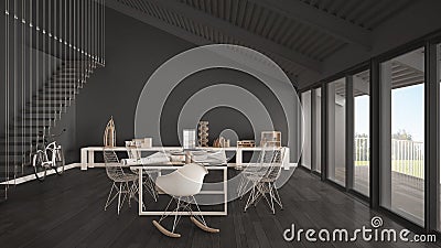 Minimalist gray office, architect and planning department, scandinavian interior design Stock Photo