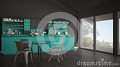 Minimalist gray and turquoise wooden kitchen, big panoramic wind Stock Photo