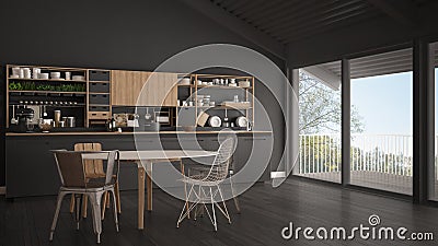 Minimalist gray wooden kitchen, big panoramic window, classic sc Stock Photo