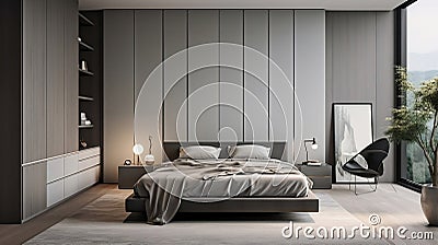 Minimalist Haven: Contemporary bedroom with a sleek wardrobe. Embracing simplicity and style Stock Photo