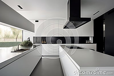 minimalist home kitchen, with sleek countertops and eye-catching appliances Stock Photo
