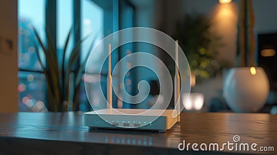 Minimalist Home WiFi Router on table. Wireless modem router on a desk with copy space. Stock Photo