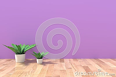 Minimalist houseplant in empty purple room with wooden floor in 3D rendering Stock Photo