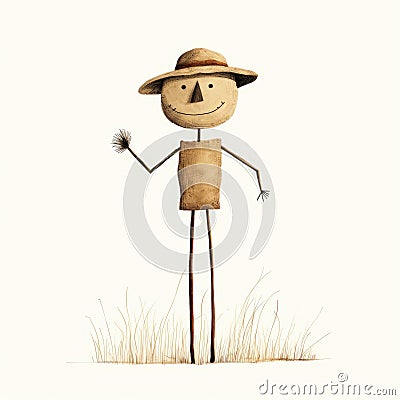 Minimalist Ink Wash Cartoon Scarecrow Standing In Grass Cartoon Illustration