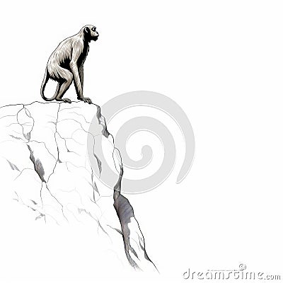 Minimalist Ink Wash: Monkey On Cliff Stock Photo