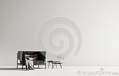 Minimalist interior with armchair. Scandinavian style hipster interior. 3D illustration Cartoon Illustration