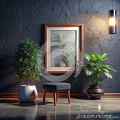 Minimalist Interior with a Framed Plant and a Stool Vector Illustration