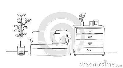 Minimalist interior furniture of sofa with chest of drawers table and interior plant Vector Illustration