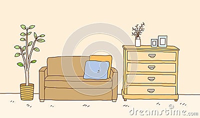 Minimalist interior furniture of sofa with dressing table and interior plant Vector Illustration