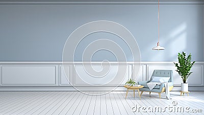 minimalist interior room ,light blue armchair on white flooring and light blue wall /3d render Stock Photo