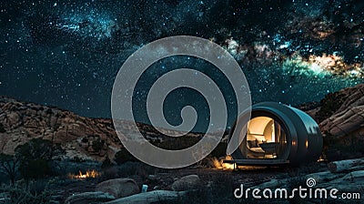 A minimalist yet inviting pod tucked away in a remote wilderness offering unmatched views of the starry night and the Stock Photo