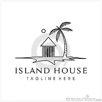 Minimalist island house with coconut tree island and sun for vacation place, hotel, apartment, residential Vector Illustration