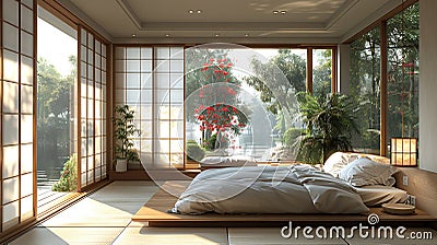 Minimalist Japanese-inspired bedroom with sliding shoji screens3D render Stock Photo