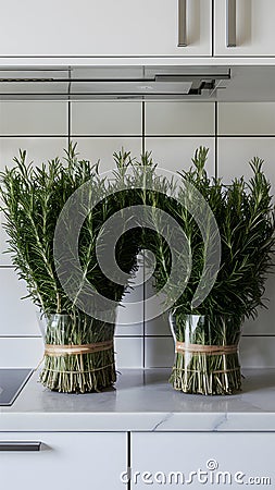 Minimalist kitchen adorned with bundles of fresh green rosemary Stock Photo