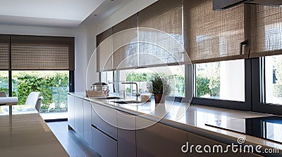 Minimalist Kitchen with Chic Roller Blinds Stock Photo