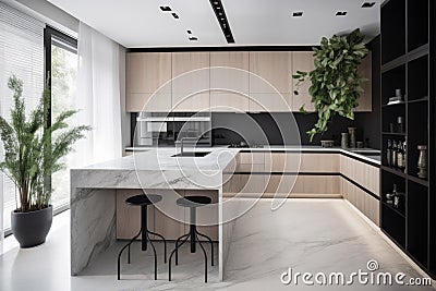 minimalist kitchen with clean, sleek lines and a touch of greenery Stock Photo