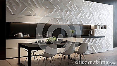 A minimalist kitchen with a 3D cubic wall pattern in white, paired with sleek black Stock Photo