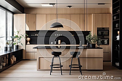 minimalist kitchen, filled with sleek appliances and simple accessories Stock Photo