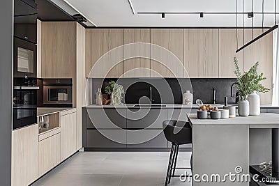 minimalist kitchen, filled with sleek appliances and simple accessories Stock Photo